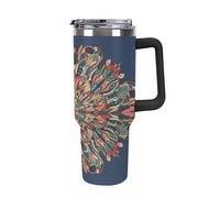 Bottiglia d'acqua isolata in acciaio inossidabile da 40 once, stile orientale antico, composizione a mosaico con motivi inter-mandala, stampa, tazza da caffè da viaggio con cannuccia, tazza per auto