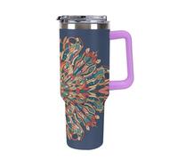 Bottiglia d'acqua isolata in acciaio inossidabile da 40 once, stile orientale antico, composizione a mosaico con motivi inter-mandala, stampa, tazza da caffè da viaggio con cannuccia, tazza per auto