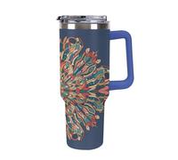 Bottiglia d'acqua isolata in acciaio inossidabile da 40 once, stile orientale antico, composizione a mosaico con motivi inter-mandala, stampa, tazza da caffè da viaggio con cannuccia, tazza per auto