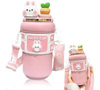Bottiglia d'acqua kawaii, bottiglia isolante per acqua in acciaio inossidabile da 19 once con paglia e cinturino regolabile, bottiglie a prova di perdita di coniglio per ragazze percorsi da campeggio