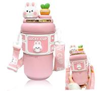 Bottiglia d'Acqua Kawaii, Bottiglia Isolante per Acqua in Acciaio Inossidabile da 19 Once con Paglia e Cinturino Regolabile, Bottiglie a Prova di Perdita di Coniglio per Ragazze percorsi da Campeggio