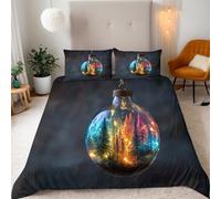 Bottiglia Di Vetro Albero Di Natale Set di Biancheria da Letto Singolo, Nero Camera da Letto Copripiumino Stampa Fronte Retro, 3 Pezzi 135×200 + 2×Federe 50×75CM con Cerniera e Fascette Angolari