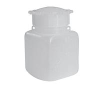 Bottiglia in plastica (PE), rettangolare a collo largo, capacità 25 ml, chiusura con tappo a vite e sottotappo (inclusi)