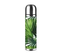 Bottiglia sottovuoto con foglie verdi di palma tropicale con design a tutto il corpo, thermos in acciaio inossidabile isolato di alta qualità con esterno in pelle PU per esterni, ufficio e uso