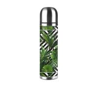 Bottiglia sottovuoto con foglie verdi di palma tropicale con design a tutto il corpo, thermos in acciaio inossidabile isolato di alta qualità con esterno in pelle PU per esterni, ufficio e uso