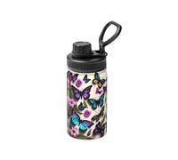 Bottiglia termica in acciaio inox con coperchio, con farfalle, viola, blu e giallo, 350 ml, per sport, viaggi, ufficio, auto