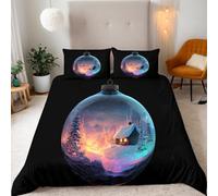 Bottiglia Vetro Scena Innevata Set di Biancheria da Letto Singolo, Casa Neve Camera da Letto Copripiumino Stampa Fronte Retro, 3 Pezzi 155×220 + 2×Federe 50×75CM con Cerniera e Fascette Angolari