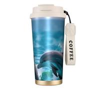 Bottiglie d'acqua isolate con delfini nel mare, in acciaio inox, per donne e uomini, con cannucce, coperchio a prova di perdite, colore bianco