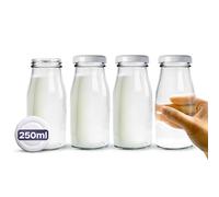 Bottiglie di Vetro per Latte con Coperchi - Confezione da 4 Bottiglie di Vetro da 250 ml con Coperchi, Etichette e Penna - Bottiglia Riutilizzabile per Conservazione (Coperchio bianco)