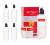 Bottigliette per liquidi 100 ml con imbuto + etichette, ad esempio per liquidi per sigarette elettroniche, flaconi dosatori per liquidi, bottiglie contagocce + tappo scuro con sistema di sicurezza