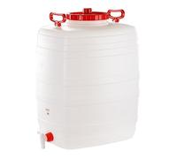 Bottiglione in plastica (HDPE), quadrato con collo largo e rubinetto, capacità 100 Lt, maniglie laterali in plastica e tappo a vite (incluso)