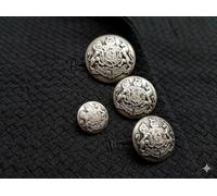 bottone Stile Militare in Metallo, Argento Antico, "DIEU ET MON DROIT", con Stemma Araldico, 25mm