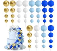 BOUBONI 48 Pz Palline Cake Topper Decorazioni Schiuma Cupcake Topper Palline Decorazioni per Torta Compleanno per Feste di Compleanno Matrimonio Anniversario (Blu Royal, Azzurro, Bianco, Oro)