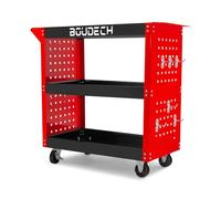 BOUDECH® TROLLER - Carrello da officina a 3 ripiani, pannelli forati laterali e 12 ganci, ruote autobloccanti, superfice di lavoro con tappetino antiscivolo