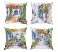 Bougainvillea Set di 4 federe per cuscini con piante rustiche mediterranee in vaso, sentiero in pietra, blu estivo, con cerniera nascosta, federe decorative per soggiorno, camera da letto, loft
