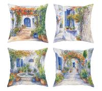 Bougainvillea - Set di 4 federe per cuscini, stile mediterraneo, rustiche in vaso, con sentiero di pietra, blu estivo, con cerniera nascosta, per casa, soggiorno, camera da letto, dormitorio, 35,5 x