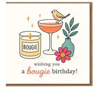 Bougie - Biglietto di auguri per compleanno, bicchiere da cocktail con uccello, candela e fiore, divertente saluto di parole - Wishing You a Bougie Birthday