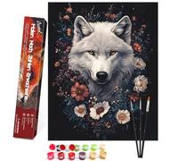 Bougimal Dipingere con i Numeri Adulti Animale con Pennelli e Colori Acrilici inclusi - 40 x 50 cm, Lupo bianco nei fiori 2, Senza Telaio