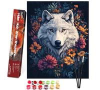 Bougimal Dipingere con i Numeri Adulti Animale con Pennelli e Colori Acrilici inclusi - 40 x 50 cm, Lupo bianco nei fiori 1, Senza Telaio