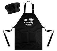 Bouiexye Set di grembiule e cappello da chef per bambini, regolabile, con 2 grandi tasche, per ragazze e ragazzi, per cucinare, cuocere al forno, dipingere, regalo, Nero , L