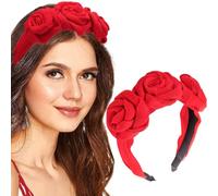 Bouory Cerchietto per capelli con rose e fiori rossi, stile vintage (tessuto rosso)