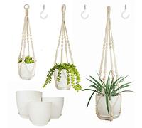 Bouqlife Appendini per piante in macramè con vasi e piattini, confezione da 3 fioriere da appendere per piante da interno, con ganci, 86,4 cm, 66 cm, 50,8 cm