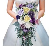Bouquet da sposa a cascata, fiori a goccia, rose artificiali in seta fatte a mano, 50 x 23 cm (viola)