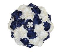 Bouquet da sposa, accessori da sposa, fiori artificiali fatti a mano, nastro per damigella d'onore, bouquet da sposa, blu navy, crema, diametro 24 cm