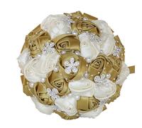 Bouquet da sposa, accessori da sposa, fiori artificiali fatti a mano, nastro per damigella d'onore, bouquet da sposa, color crema oro chiaro, diametro 21 cm
