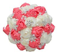 Bouquet da sposa, accessori da sposa, fiori artificiali fatti a mano, nastro per damigella d'onore, bouquet da sposa, anguria, crema, diametro 18 cm