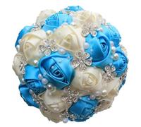 Bouquet da sposa, accessori da sposa, fiori artificiali fatti a mano, nastro per damigella d'onore, bouquet da sposa, lago, blu, crema, diametro 24 cm