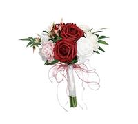 Bouquet da Sposa con Fiori Artificiali per La Sposa, Bouquet da Lancio, Che Tengono a Mano Bouquet da Damigella d'Onore da Sposa con Ros, Rosso Bianco