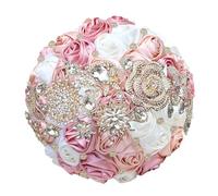 Bouquet da sposa di lusso con strass e nastro di rose per damigella d'onore, bouquet eterno per matrimonio, mix di champagne chiaro, diametro 16 cm