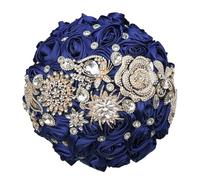 Bouquet da sposa di lusso con strass e nastro di rose per damigella d'onore, bouquet eterno per matrimonio, colore blu navy, diametro 16 cm