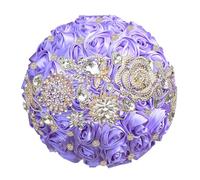 Bouquet da sposa di lusso con strass e nastro di rose per damigella d'onore, bouquet eterno per matrimonio, viola medio, diametro 16 cm
