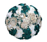 Bouquet da sposa di lusso con strass e nastro di rose per damigella d'onore, bouquet eterno per matrimonio, smeraldo, En8, crema, diametro 25 cm