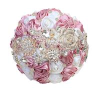 Bouquet da sposa di lusso con strass e nastro di rose per damigella d'onore, bouquet eterno per matrimonio, mix di champagne, diametro 16 cm
