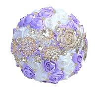 Bouquet da sposa di lusso con strass e nastro di rose per damigella d'onore, bouquet eterno per matrimonio, viola chiaro, crema, diametro 25 cm