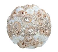 Bouquet da sposa di lusso con strass e nastro di rose per damigella d'onore, bouquet eterno per matrimonio, colore cachi chiaro, crema, diametro 25 cm