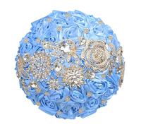 Bouquet da sposa di lusso con strass e nastro di rose per damigella d'onore, bouquet eterno per matrimonio, colore celeste, diametro 22 cm