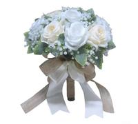 Bouquet da sposa di rose artificiali in seta in stile Foresta con fiocchi, progettato per l'uso in matrimoni, servizi fotografici ed eventi (bianco crema + bianco)