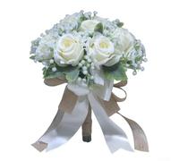 Bouquet da sposa in stile forestale con rose artificiali in seta e fiocco, decorazione per cerimonie nuziali, fotografia e decorazione della casa, bianco crema (bianco crema)