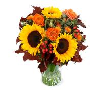 Bouquet di auguri autunnali | Bouquet autunnale | Girasoli, Rose, Carthamus | Idea regalo perfetta, garanzia di freschezza di 7 giorni, qualità dal fiorista