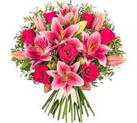 Bouquet di fiori freschi legati a mano: rose rosa e gigli consegnati per compleanni e tutte le occasioni (grande)