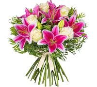 Bouquet di fiori gigli e rose rosa - regalo per compleanno, anniversario, Ringraziamento, guarigione