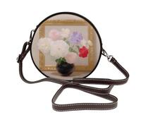 Bouquet di fiori in un vaso, borsa a tracolla rotonda da donna in pelle
