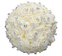 Bouquet di fiori per damigella d'onore con rose artificiali in argento e cristalli blu, bouquet da sposa color crema, 20 cm