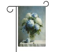 Bouquet di ortensie blu e bianche in un vaso, bandiera da giardino, festività stagionali, juta, doppia faccia, bandierine esterne per casa, cortile, 30,5 x 45,7 cm