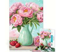 Bouquet di peonie rosa con fragole fresche, elegante puzzle floreale per adolescenti, 1000 pezzi, rafforza la memoria, calma, passatempo, qualità, bordo, regalo festivo (50x75cm)