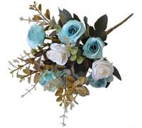 Bouquet di rose artificiali in seta e plastica con texture realistica, 12 steli, per casa, ufficio, matrimonio, styling (bianco + azzurro)